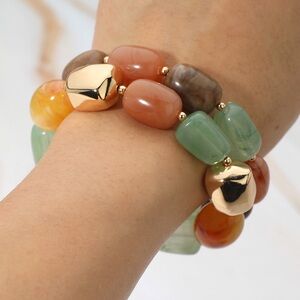Chunky Marbled Resin Pebble Beaded Bracelet with Gold Accents